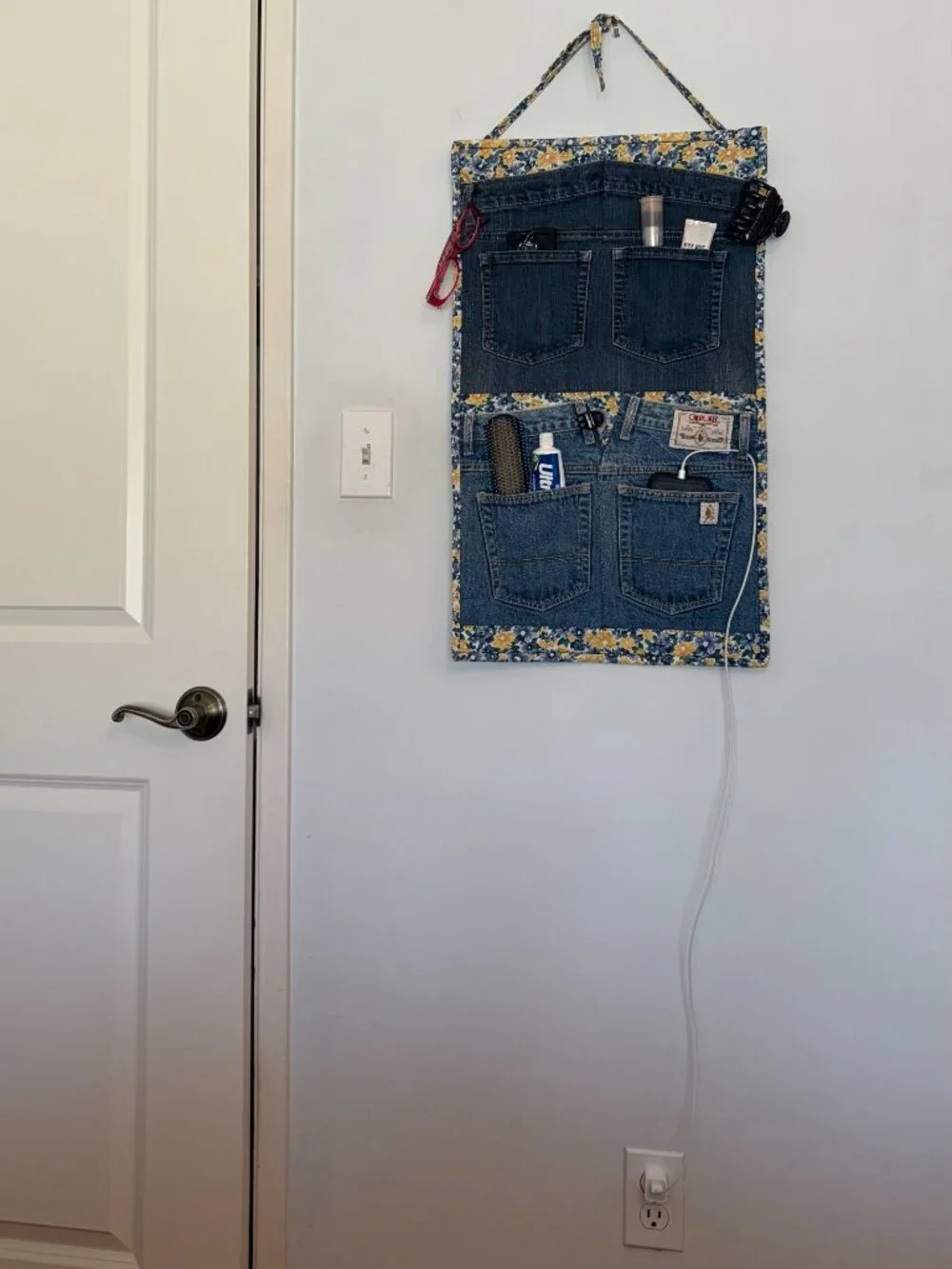 Denim quilt wall organizer with 4 pockets & 6 belt loops
